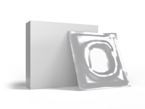 Blank white box with condom packaging mockup 3d glossy plastic design. Sexual protect rubber sachet pack template for presentation ads, sex protection brand. Safe love, no aids concept.