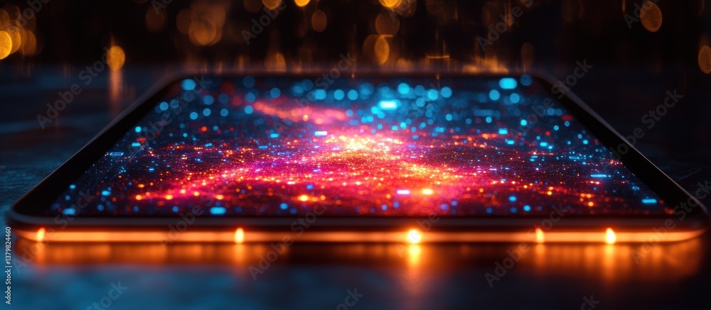 Poster futuristic tablet display glows with data network