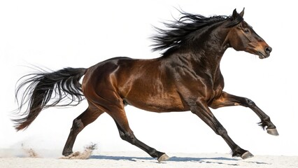Fototapeta premium A majestic brown horse gallops freely on all fours, its black mane flowing freely and tail swaying, against a stark white background, showcasing its strength and ...