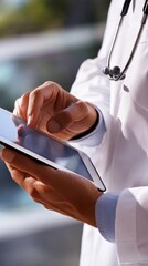 Doctor in white coat using a digital tablet for healthcare records in a modern clinical environment

