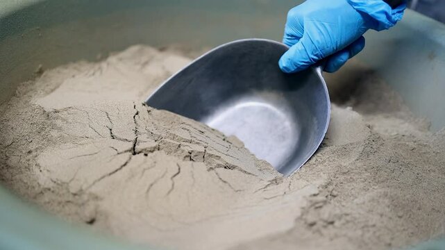 Gloved hand with large metal scoop digs into large bin of tan powder