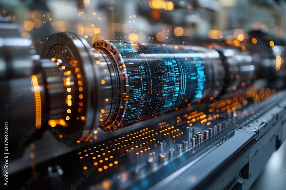 Poster futuristic machine component with digital display in a manufacturing facility