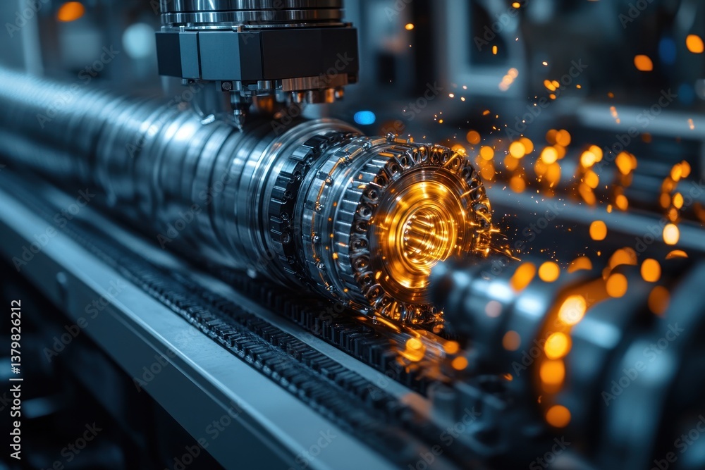 Poster robotic arm machining metal part in factory with sparks