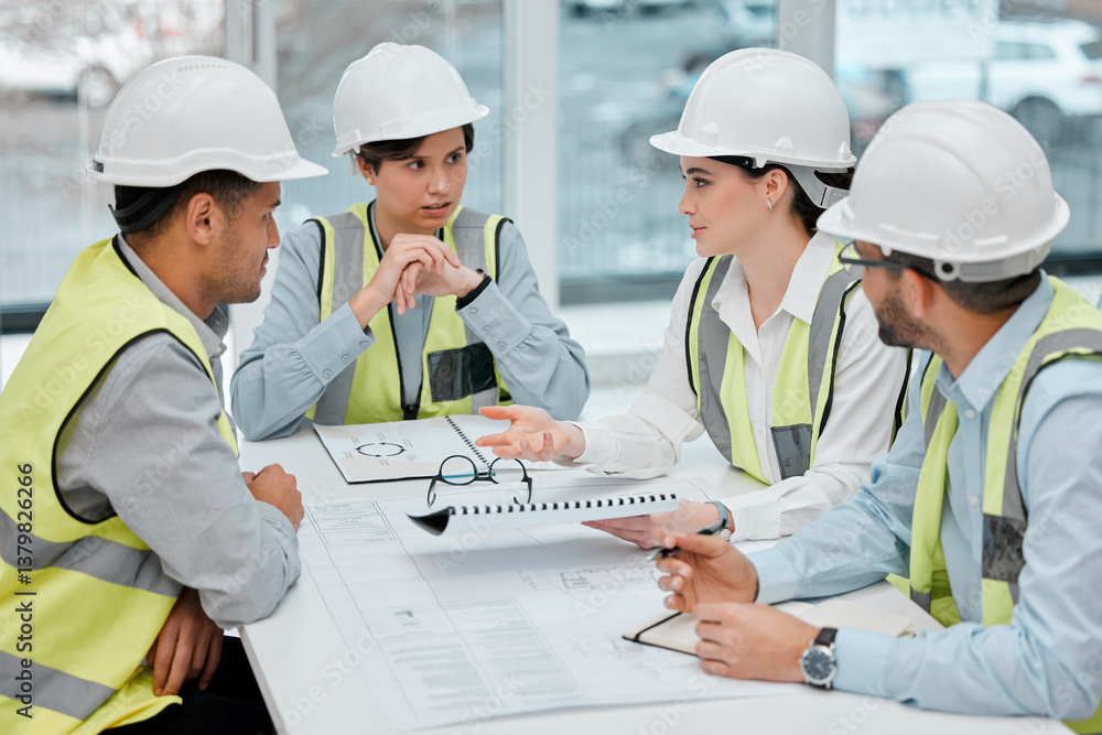 Aufkleber civil engineers, meeting and discussion with documents for architecture, building or planning constr