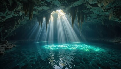 Obraz premium Sunbeams Illuminate a Deep Blue Green Pool in a Dark Cave