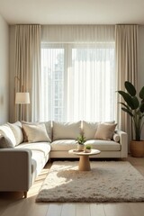 Serene Living Room Interior Design with Neutral Tones and Sunlight Streaming Through Sheer Curtains and Floor Length Drapes