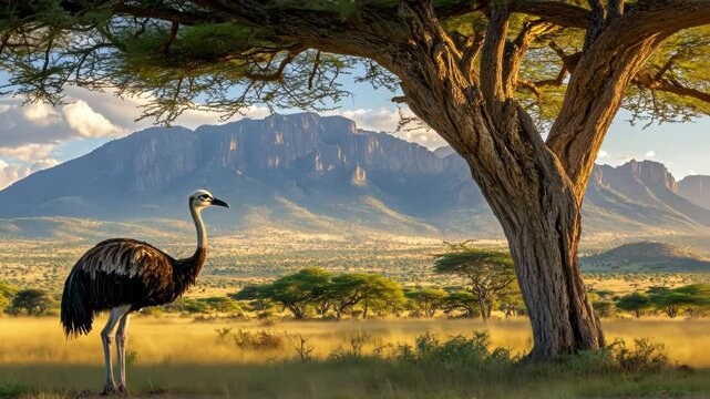 An ostrich standing near a tree with a mountain backdrop in serene Africa.