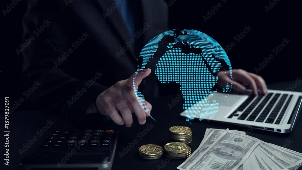 Poster a businessman interacts with a laptop displaying financial data and global networking symbols, surro