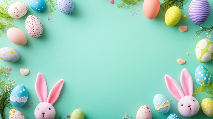 Easter eggs and bunny decorations on a light teal background. Ideal for Easter holiday promotions or fun seasonal designs.
