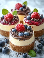 cheesecakes with raspberry, blueberry, and chocolate toppings,praty