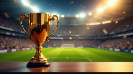 A golden trophy sits on a wooden surface, a field and cheering crowd blurred in the background, signifying victory and triumph in a sporting event