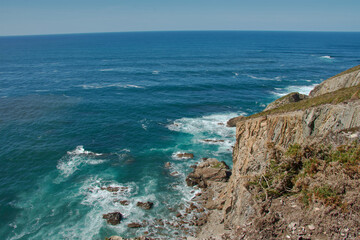 Aerial view of Playa del Bozo, Cabo Busto, Valdes, Asturias, Spain, with stunning coastline