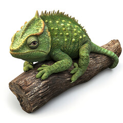 Obraz premium vibrant chameleon resting on textured wooden branch, showcasing its unique green scales and intricate details, evokes sense of nature beauty