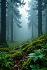 Dense fir forest foggy landscape misty atmosphere trees covered in moss, ferns and wildflowers, wilderness, retro, foggy