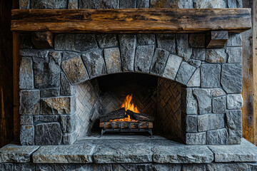Rustic stone fireplace with a wooden mantel, featuring a warm fire burning within.