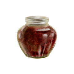  Round green-tinted glass jar filled with cherry jam,isolated on white.Hand-painted Watercolor illustration in realistic style, preserves and glass transparency for homemade jam labels