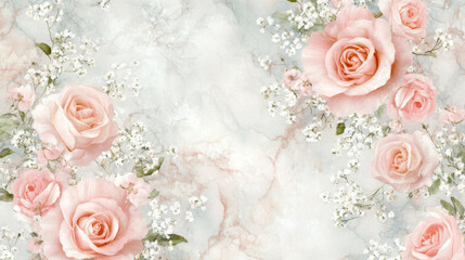 Fototapeta premium Soft pink roses with delicate flowers on marble background