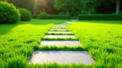 Serene Pathway Through Lush Green Lawn, Stepping Stones Leading to Tranquil Garden