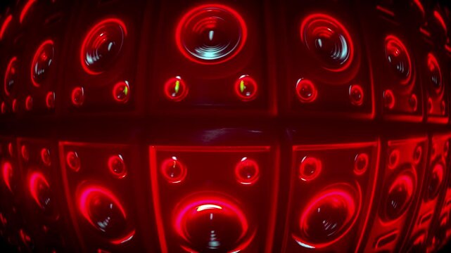 Dynamic Array of Red Speakers Vibrant and Energetic Atmosphere with Fisheye Lens Effect Enhancing Immersive Sound Experience and Futuristic Visuals