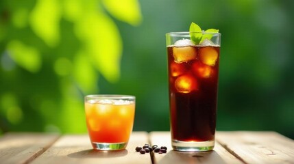 Refreshing Iced Beverages on a Sunny Day by Wooden Table
