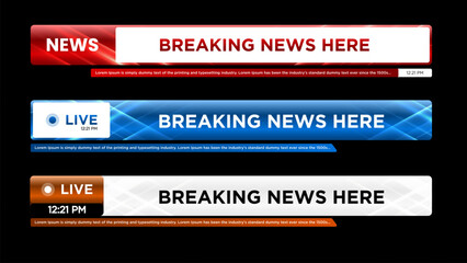 Set of lower third bar templates for breaking news, sports news on television, video and media online. Newscast lower third banner vector.