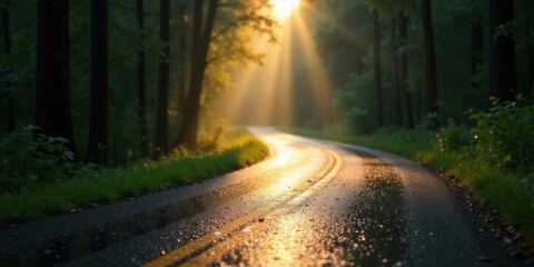Serene Winding Road Through Lush Forest Bathed in Golden Sunlight After a Gentle Rain