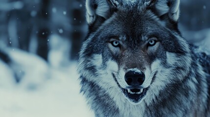 Obraz premium Intense portrait of a majestic gray wolf, showcasing its sharp eyes and powerful features in a close-up wildlife photograph.