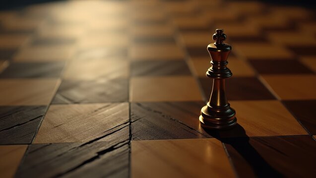 Golden Chess King Piece on a Wooden Chessboard Strategy Game Concept