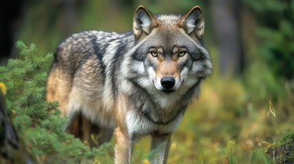 Obraz premium Majestic Gray Wolf Portrait: Wildlife Photography of a Canis Lupus in a Natural Forest Habitat, Detailed Fur Texture.