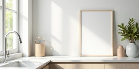 Bright Kitchen Mockup Featuring Blank Frame, Plant, and Minimalist Decor