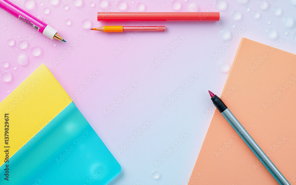 Poster colorful stationery items arranged on a gradient background with water droplets create a bright and 