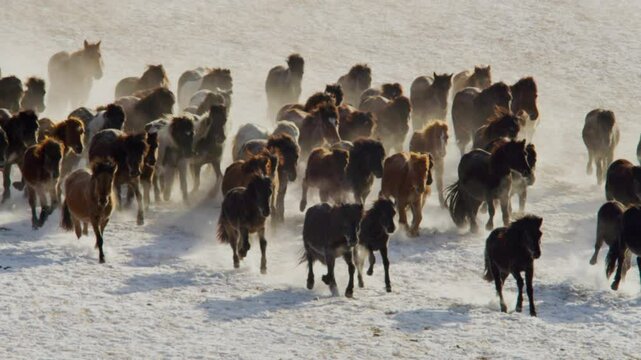 A front-facing view of Mongolian horses charging across snowy plains in Inner Mongolia, kicking up powder under sharp daylight.