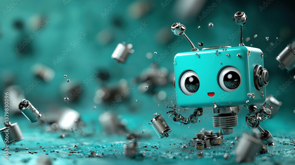 Aufkleber cute robot with square head and big eyes joyfully assembles mechanical parts in vibrant, futuristic 