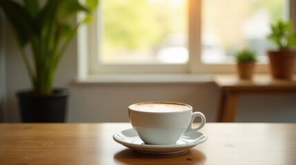 Aromatic coffee in a white cup, sitting on a wooden table near a sunlit window with potted plants