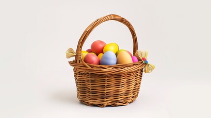 A woven Easter basket filled with vibrant eggs and a small bow, isolated on a white background.