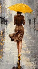 Classic impressionist oil painting of a woman in a brown dress and high heels, walking gracefully on a rain-swept street
