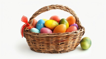 A woven Easter basket filled with vibrant eggs and a small bow, isolated on a white background.