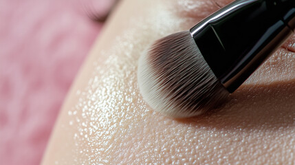 Close-up detail of a woman’s skin as a makeup brush moves across her face