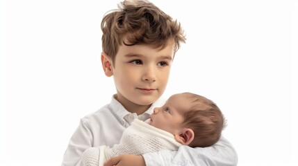 A young boy holding his newborn sibling, looking at them with curiosity, isolated on a white background.