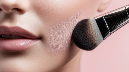 Close-up of a woman's facial skin texture with a makeup brush gently sweeping across her cheek, capturing the fine details of her smooth skin