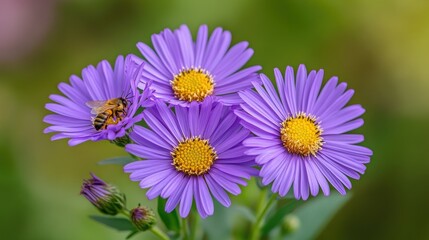 Obraz premium Purple flowers blooming with a bee collecting pollen in the sun