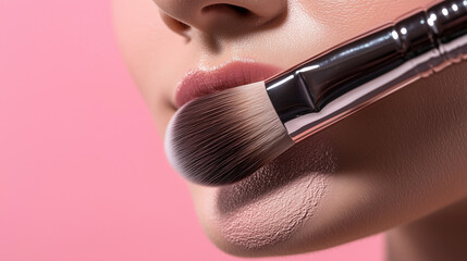 Close-up of a woman’s face, with a makeup brush gently brushing across her skin, highlighting its texture and radiance