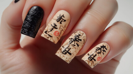 Close-up of hands with nails decorated in traditional Japanese calligraphy styles, featuring intricate brushwork in black ink that forms elegant characters