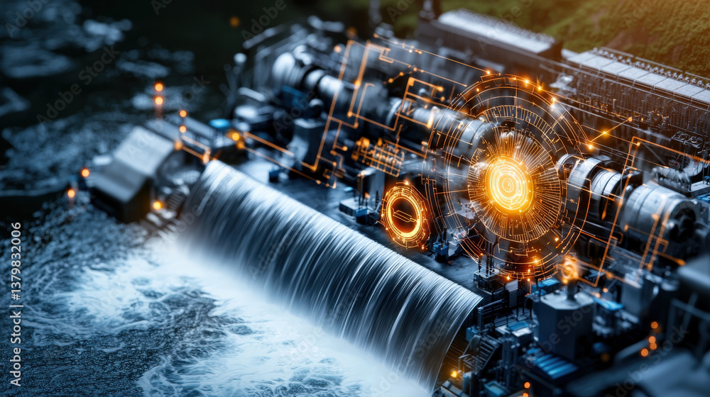 Poster hydroelectric power station at night with water flowing over dam, illuminated by digital interface g