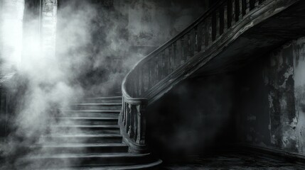 A spooky staircase shrouded in swirling ominous foggy atmosphere