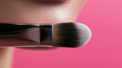 Close-up shot of a makeup brush softly sweeping across the skin of a woman’s face, emphasizing the texture and smoothness of her complexion