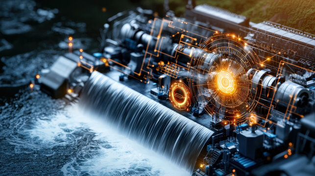 hydroelectric power station at night with water flowing over dam, illuminated by digital interface graphics, showcasing advanced technology and energy generation
