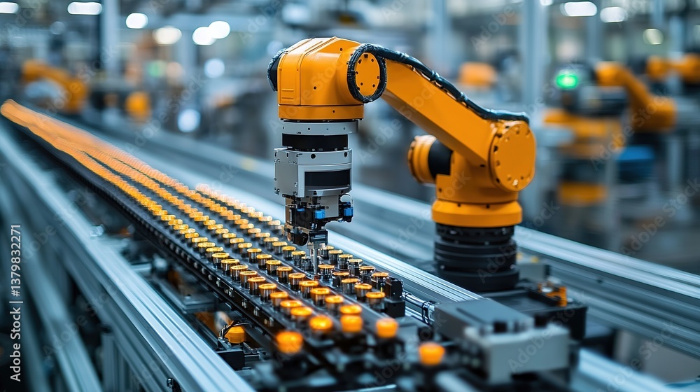 Poster automated industrial robotic arm for packaging process in a factory setting