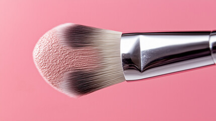 Detailed close-up of a makeup brush in motion on a woman’s skin, highlighting the fine texture of her complexion