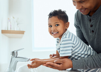 Bathroom, father and child in portrait for washing hands, prevent germs and infectious disease in...